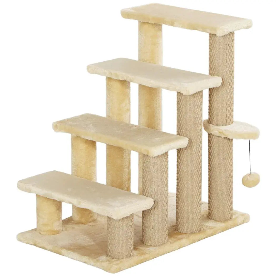 PawHut 4-step Pet Stairs with Scratching Posts, Platforms, Toy Ball, Beige - from PawHut