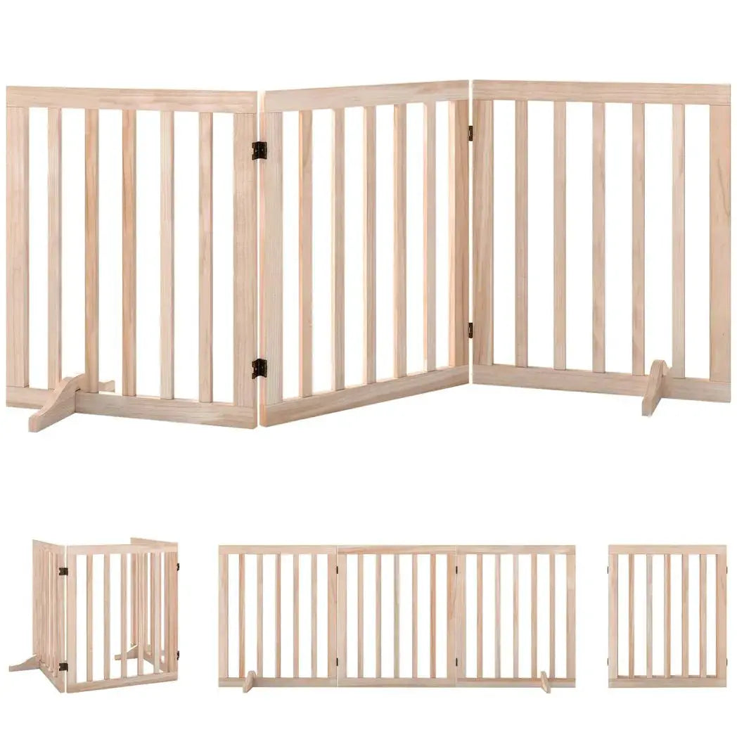 PawHut Wooden Dog Gate, 3-Panel Freestanding Pet Gates Indoor with 2 Support Feet and 360° Flexible Hinges, Natural - from PawHut