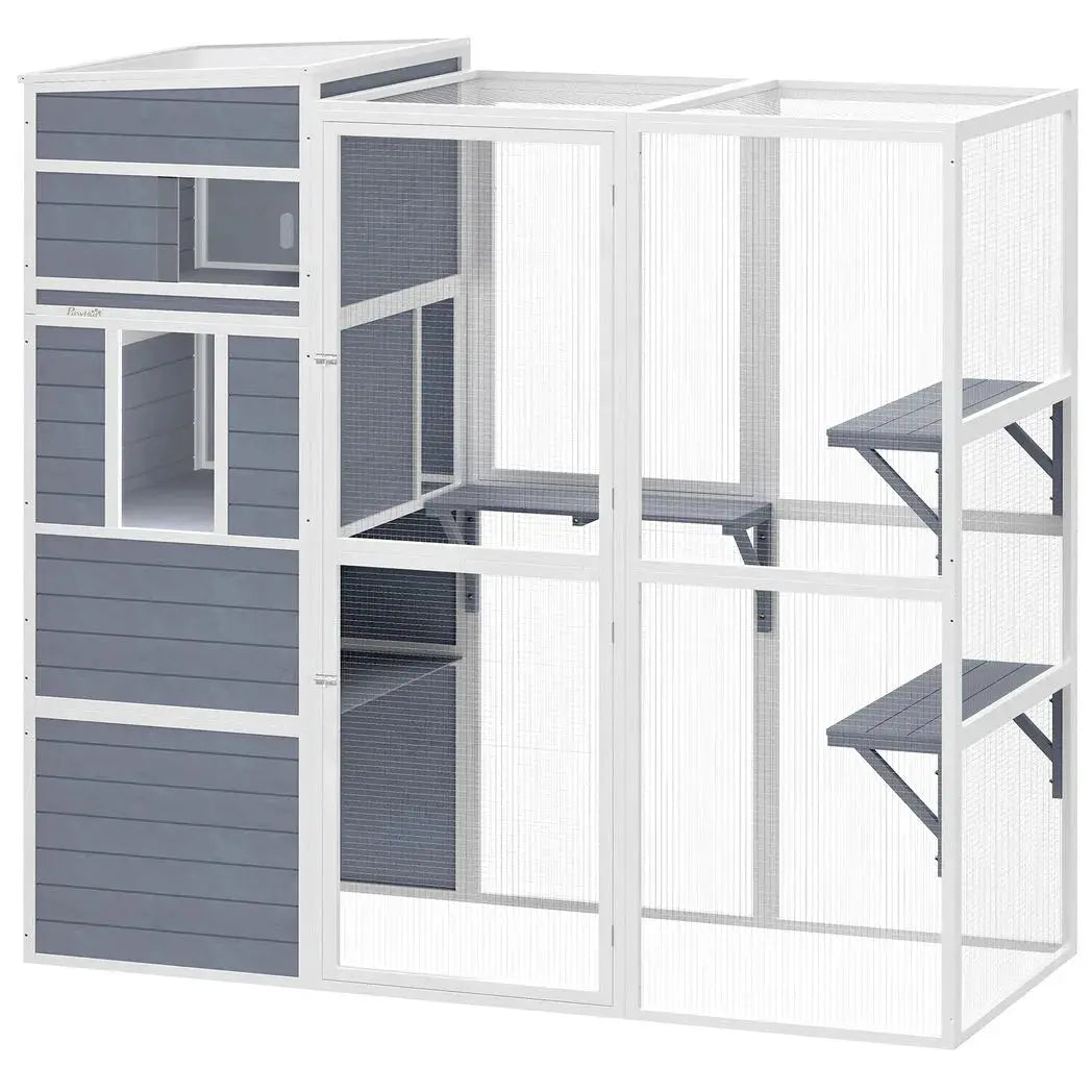 PawHut 4-Tier Wooden Catio Cat Outdoor Enclosure with Sun Roof, Resting Rooms, 3 Platforms, Window Outdoor Indoor, Grey - from PawHut