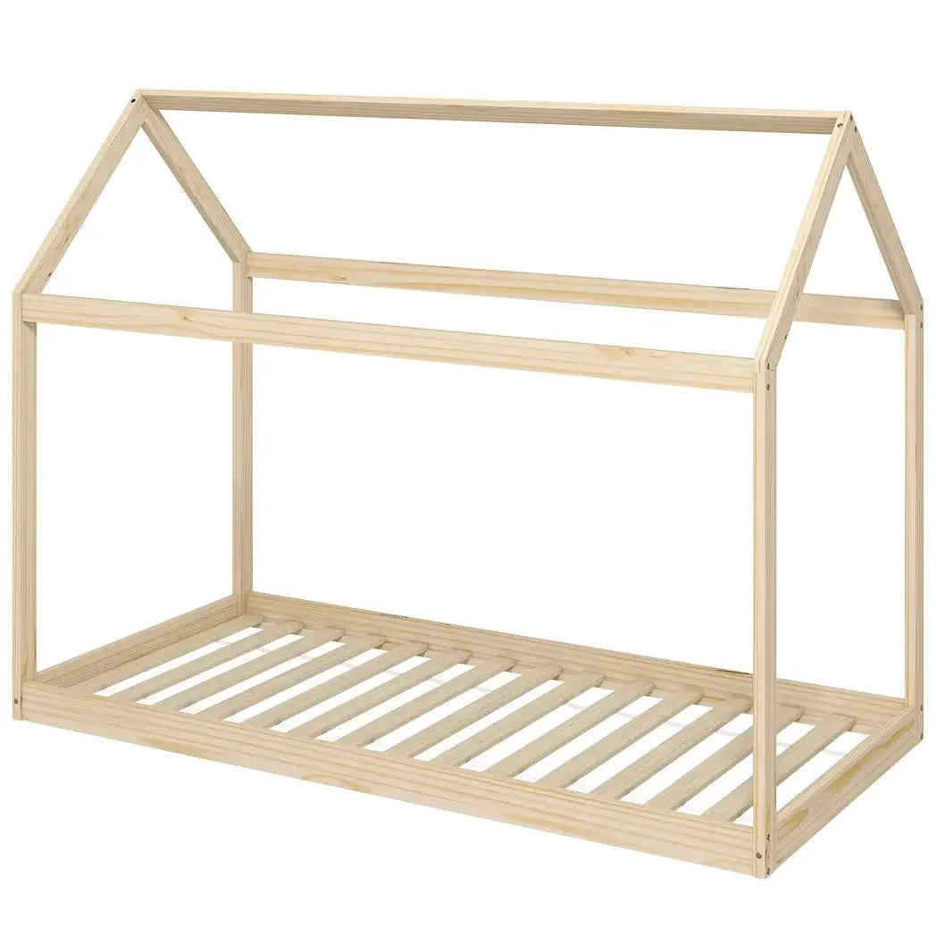HOMCOM Single Bed Frame, House Scandinavian Wooden Bed Frame for 90W x 190Dcm Mattress, Pine Wood Bed Base, Natural Wood Finish - from HOMCOM