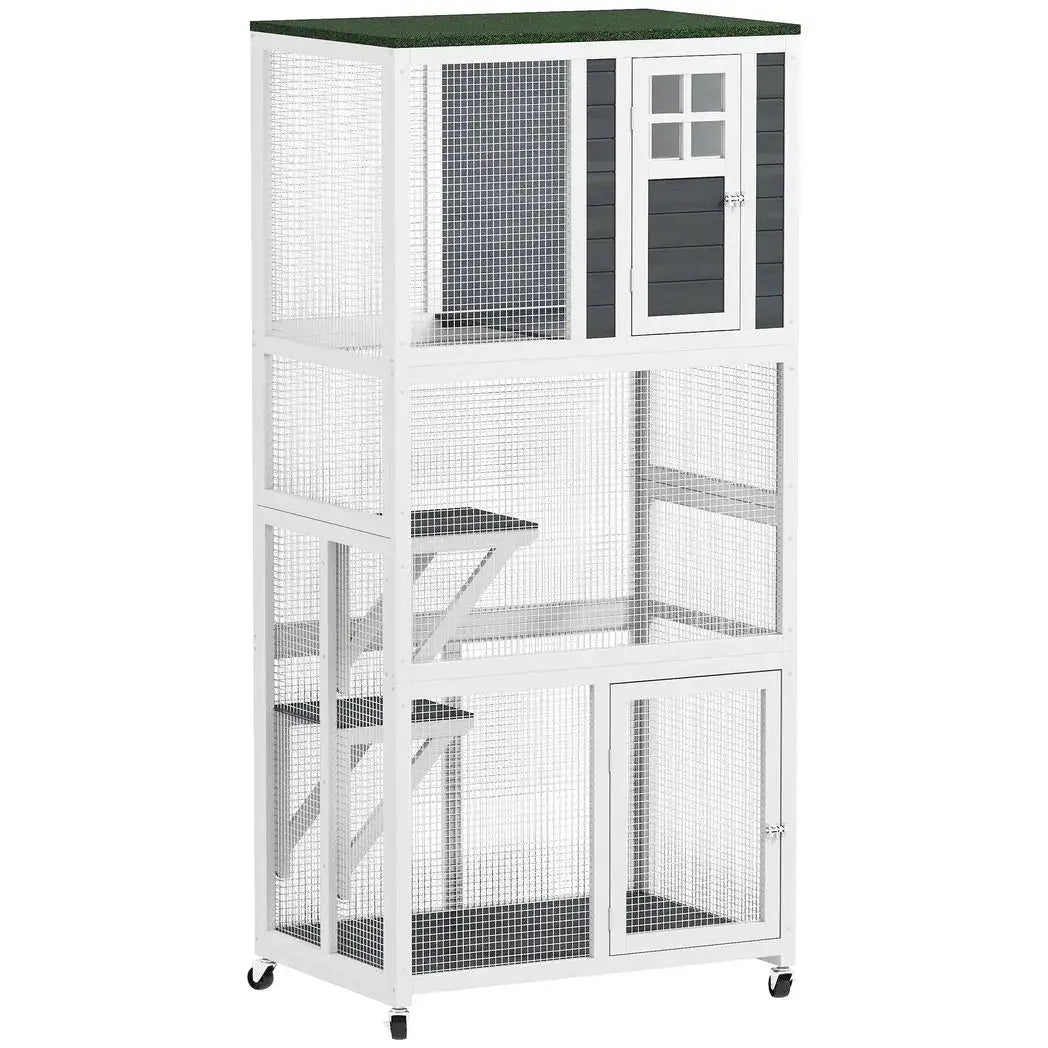 PawHut Wooden Catio Cat Outdoor Enclosure, Cat Cage with Waterproof Roof, Platforms, for Multiple Cats, White - from PawHut