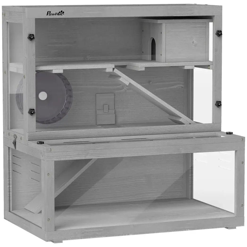 PawHut Wooden Hamster Cage with Hut, Wheel, Ramps, Removable Viewing Panels, 80 x 50 x 84 cm, Grey - from PawHut