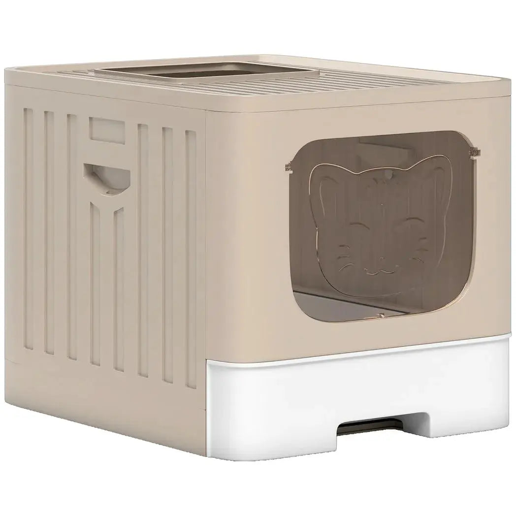 PawHut Cat Litter Box with Lid, Slide-Out Drawer, Scoop, Easy Clean, Odour Control, Anti-Splashing, Khaki - from PawHut