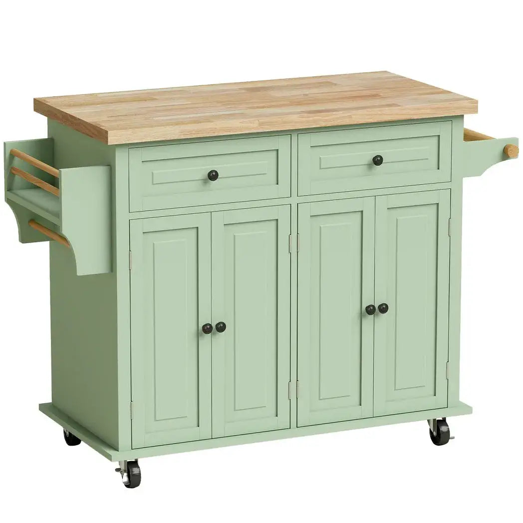 HOMCOM Rolling Kitchen Island Storage Trolley with Rubber Wood Top & Drawers for Dining Room, Light Green - from HOMCOM