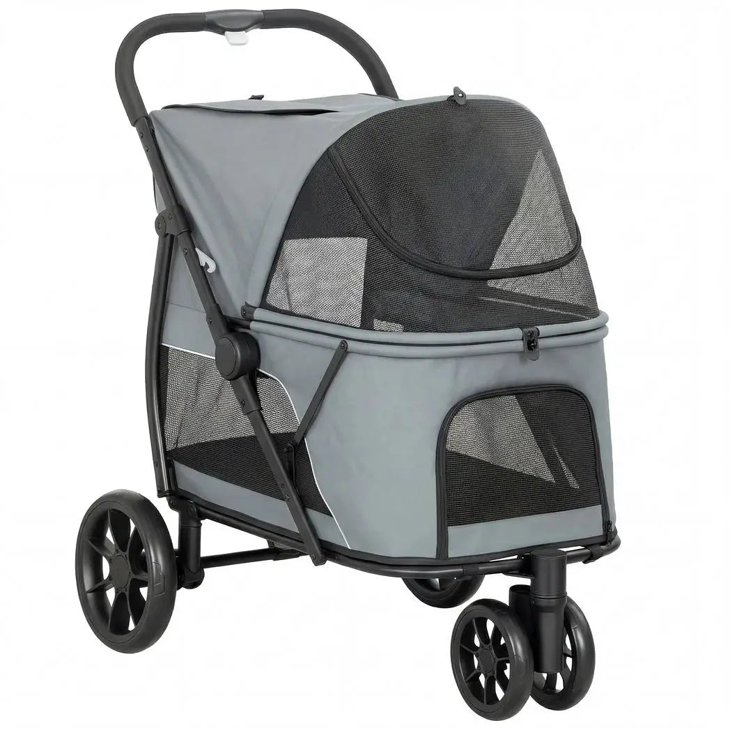 PawHut Dog Stroller, 3 Wheels Pet Stroller with Dual Entry, Easy One-Click Quick Fold, Mesh Windows, Washable Cushion - from PawHut