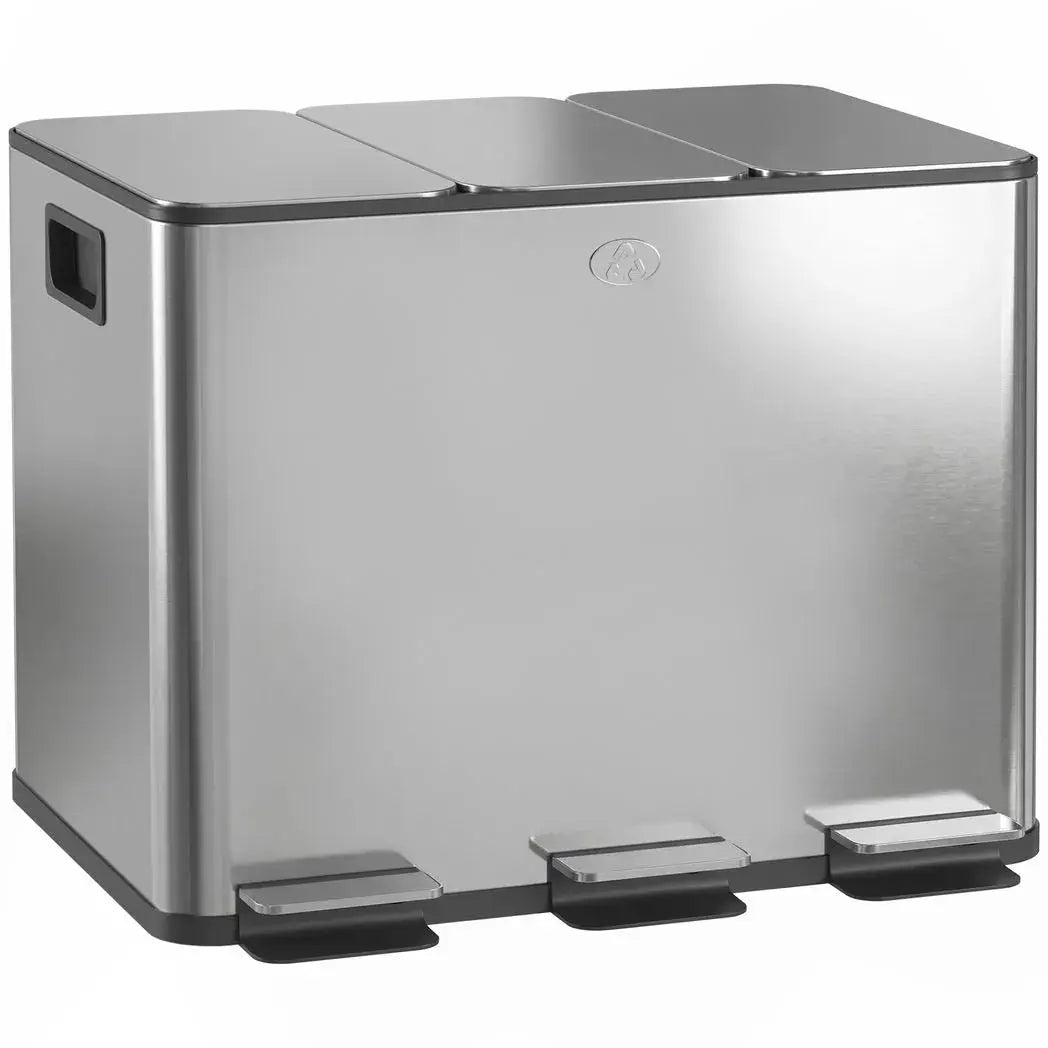 HOMCOM 3 x 20L Pedal Bin, Steel Triple Kitchen Bin with Soft Close Lid, Removable Inner Buckets, Fingerprint-Proof, Silver Tone - from HOMCOM