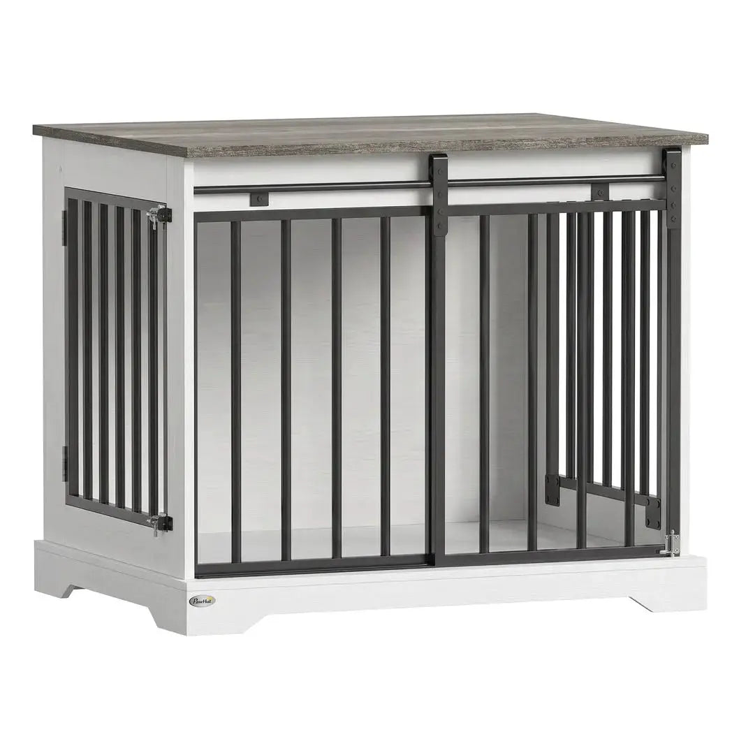 PawHut 80 cm Dog Crate Furniture with Sliding Barn Door for Medium Dogs, White - from PawHut