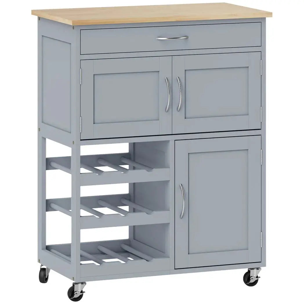 HOMCOM Modern Kitchen Trolley, Rolling Island Storage Cart with Drawer, 9-bottle Wine Rack, Door Cabinets, Wooden Countertop, Grey - from HOMCOM