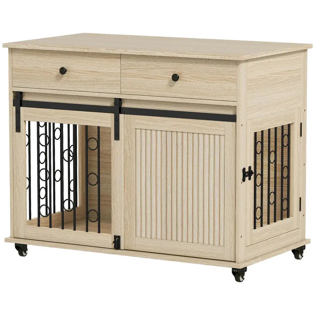 PawHut Dog Crate Furniture on Wheels, Dog Cage with 2 Drawers, Sliding Door, for Medium Large Dogs, Oak Tone - from PawHut