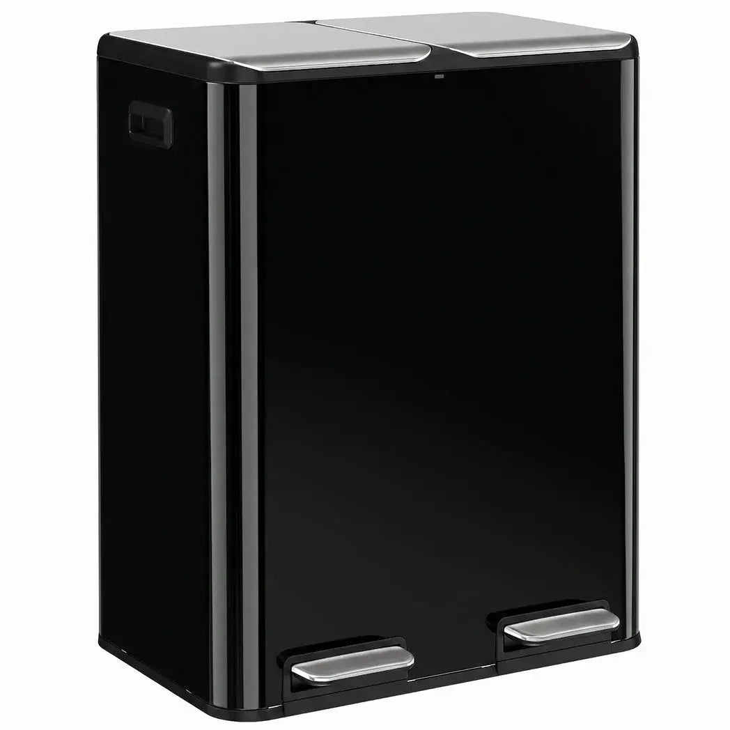 HOMCOM 2 x 30L Double Kitchen Bin, Stainless Steel Pedal Rubbish Bin with Dual Compartments, Soft Close Lids, High Gloss Black - from HOMCOM