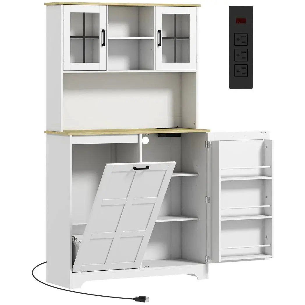 HOMCOM 175cm Tall Kitchen Cabinet, Kitchen Cupboard with Rubbish Bin Cabinet, 3 Door Shelves and 2 Acrylic Doors, White - from HOMCOM