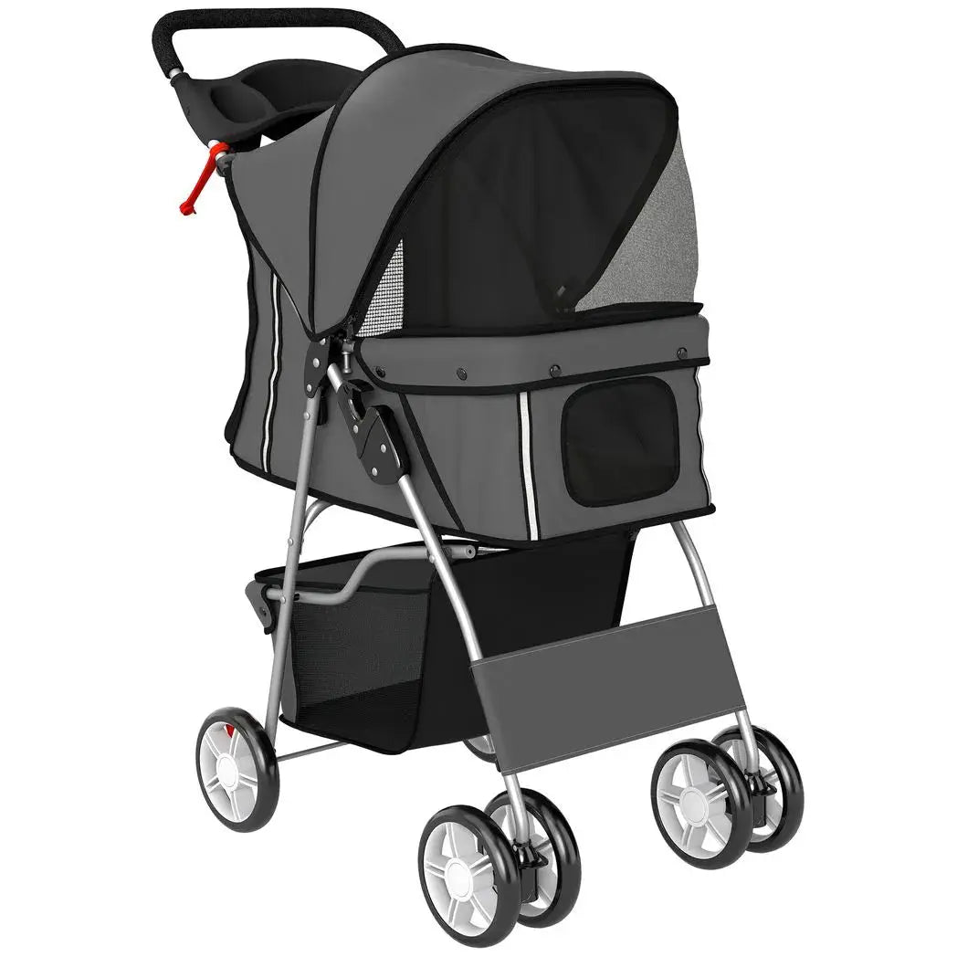 PawHut Dog Pram, Pet Stroller with Reflective Strips, Foldable Cat Stroller with 360° Swivel Wheels, Dark Grey - from PawHut