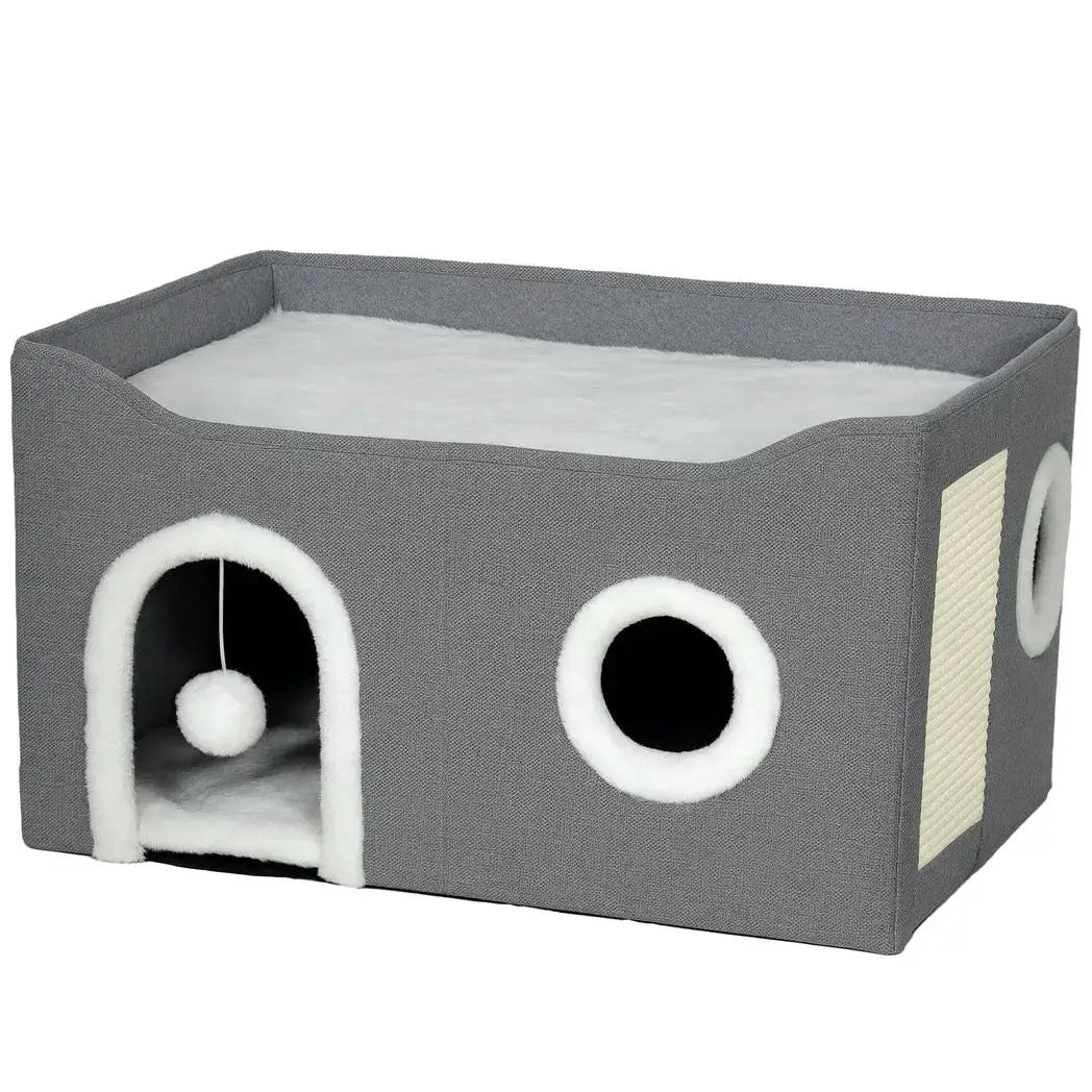 PawHut Cat Bed for Indoor Pets, Foldable Cat House with Fluffy Ball and Scratch Pad for Small and Medium Pets, Grey - from PawHut