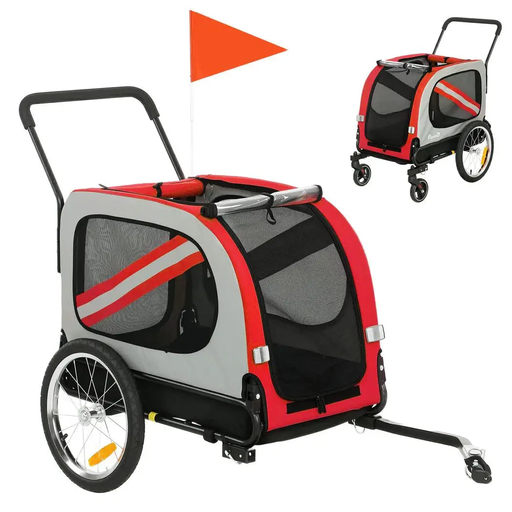 PawHut 2-In-1 Dog Bike Trailer Pet Stroller with Universal Wheel Reflector Flag Red - from PawHut
