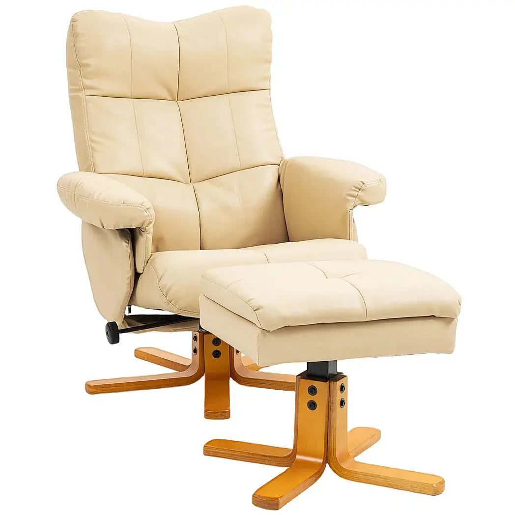 HOMCOM PU Leather Swivel Recliner Chair with Footstool, Wooden Base and Storage for Living Room, Beige - from HOMCOM