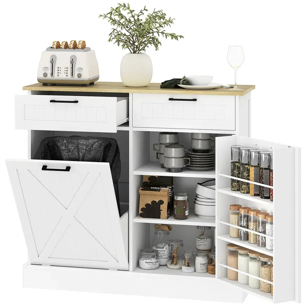 HOMCOM Sideboard with Tilt-out Trash Bin, Farmhouse Kitchen Sideboard with 2 Drawers, Adjustable Shelves, Door Racks, White - from HOMCOM