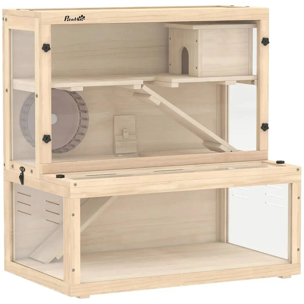 PawHut Wooden Hamster Cage with Hut, Wheel, Ramps, Removable Viewing Panels, 80 x 50 x 84 cm, Natural - from PawHut