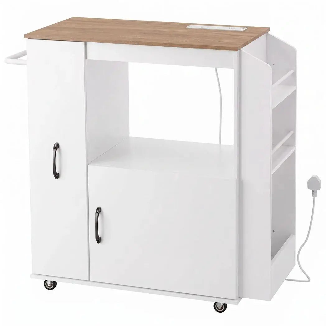 HOMCOM Kitchen Trolley on Wheels, Rolling Kitchen Island Cart with Power Outlet, Cabinet, Pull-Out Drawer, White - from HOMCOM