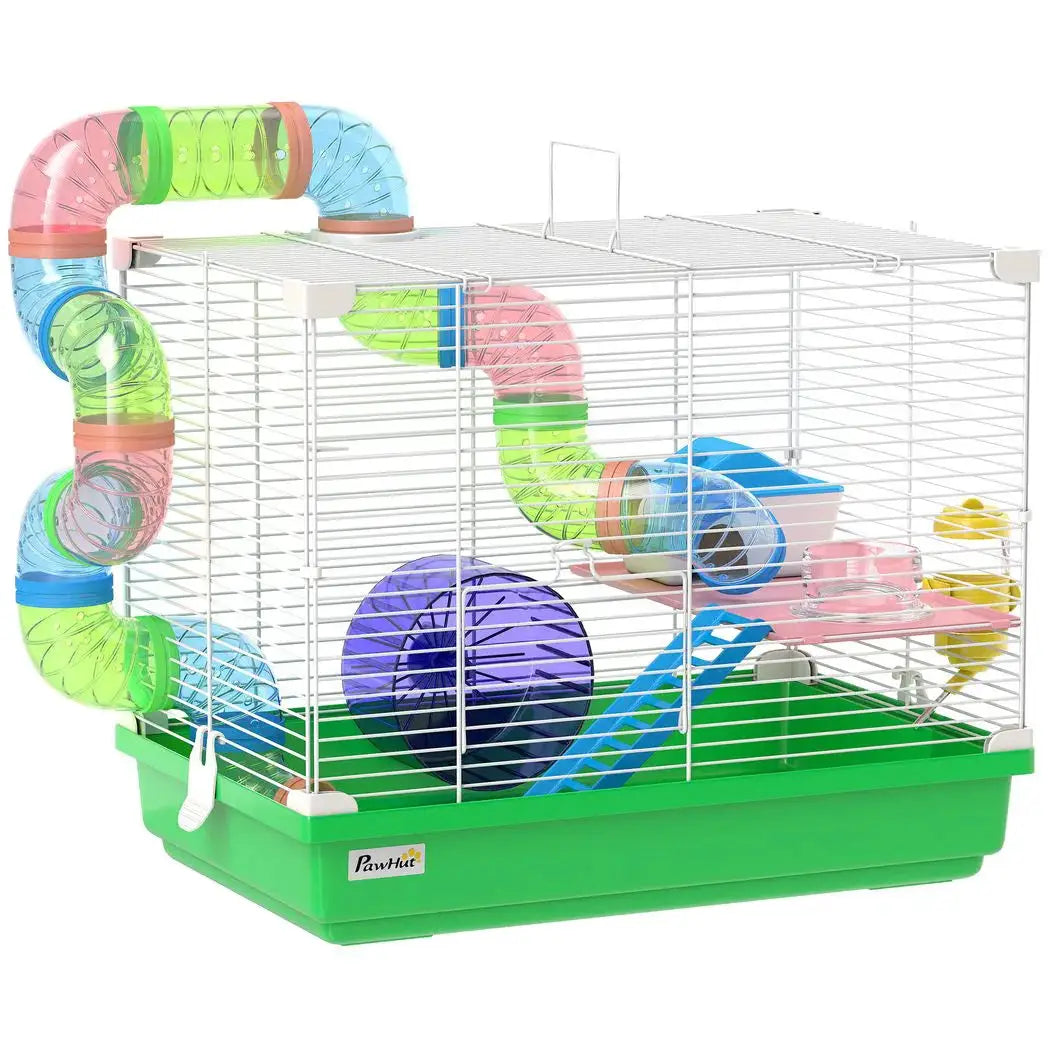 PawHut 2 Tier Hamster Cage, Gerbil Cage with Handle, Exercise Wheels, Tunnel, Water Bottle, Dishes, Ladder, for Dwarf - from PawHut
