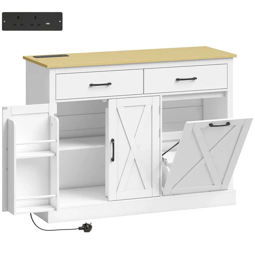 HOMCOM Tilt Out Trash Cabinet with Charging Station, Kitchen Island with Storage, 57 Liter Hidden Rubbish Bin Storage, White - from HOMCOM