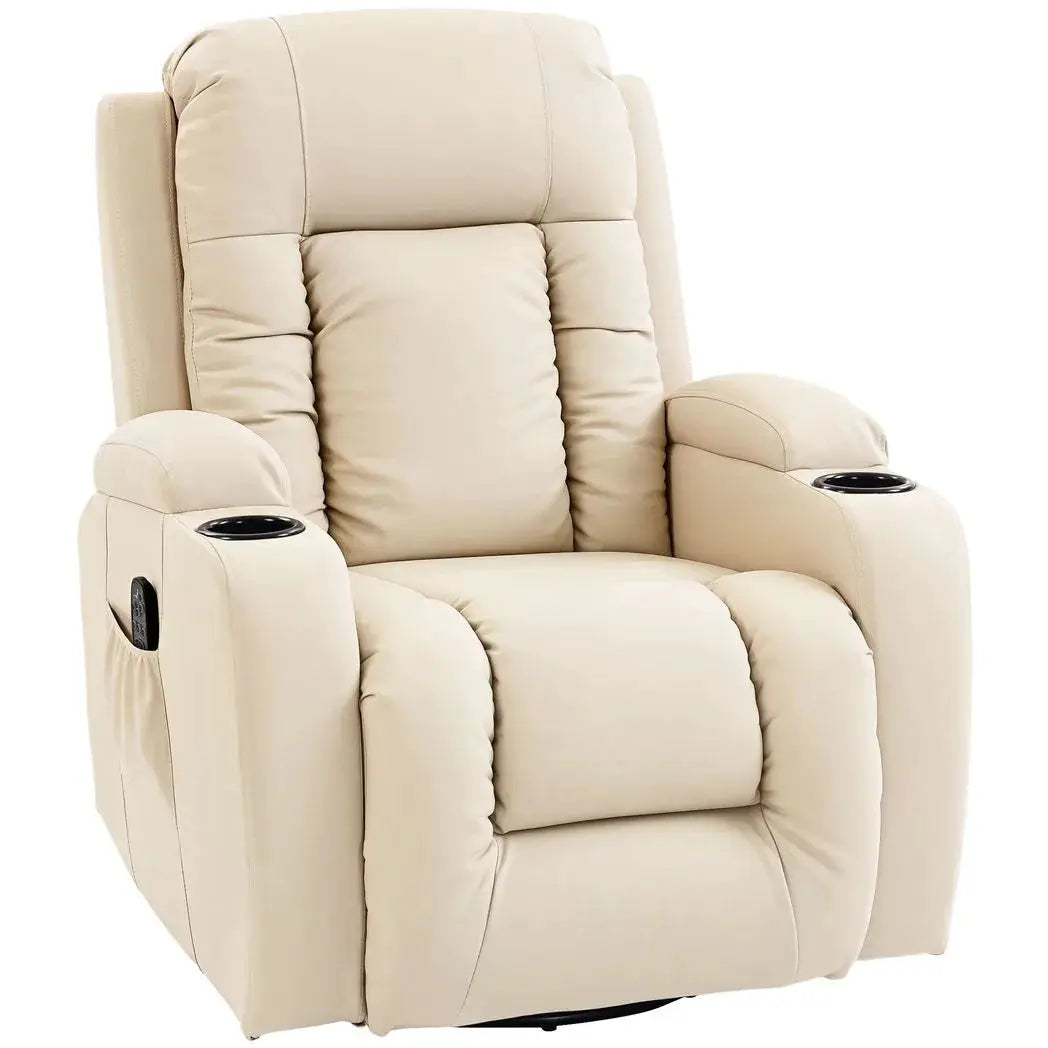 HOMCOM PU Leather Recliner Chair, Recliner Armchair with Extended Footrest, Cup Holders and Side Pockets, Cream - from HOMCOM