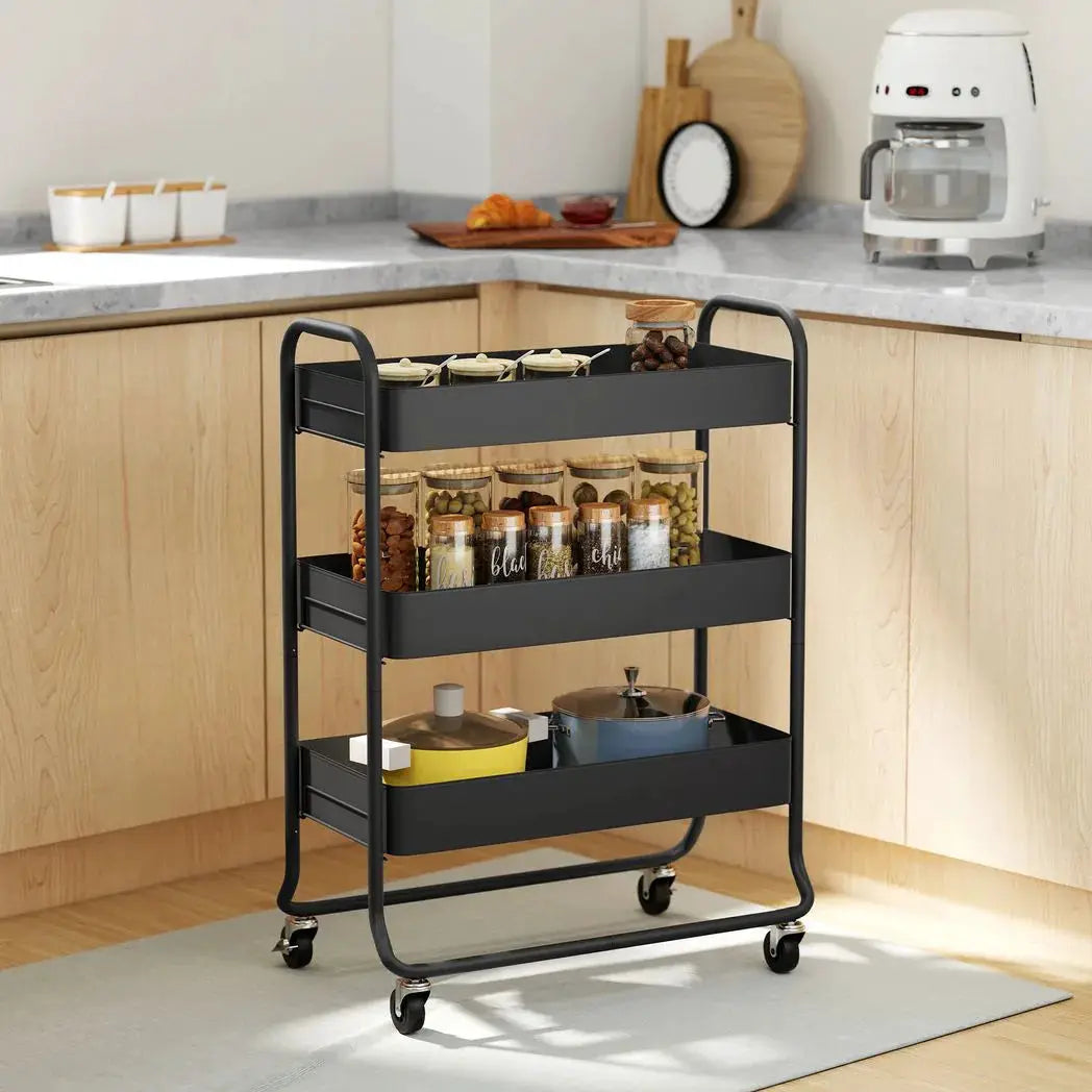 HOMCOM 3-Tier Storage Trolley on Wheels, Rolling Utility Cart with Mesh Backets for Kitchen, Bathroom, Bedroom, Black - from HOMCOM