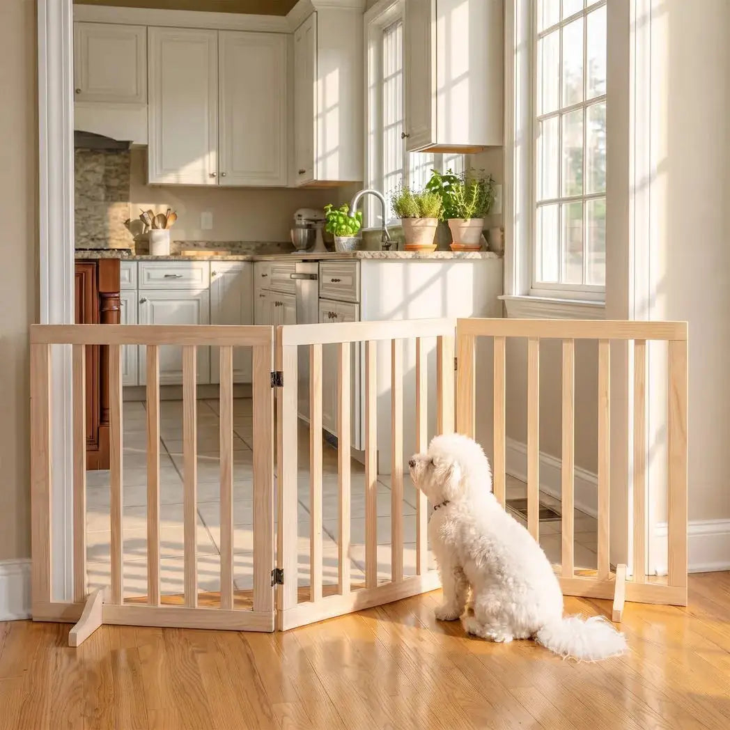 PawHut Wooden Dog Gate, 3-Panel Freestanding Pet Gates Indoor with 2 Support Feet and 360° Flexible Hinges, Natural - from PawHut