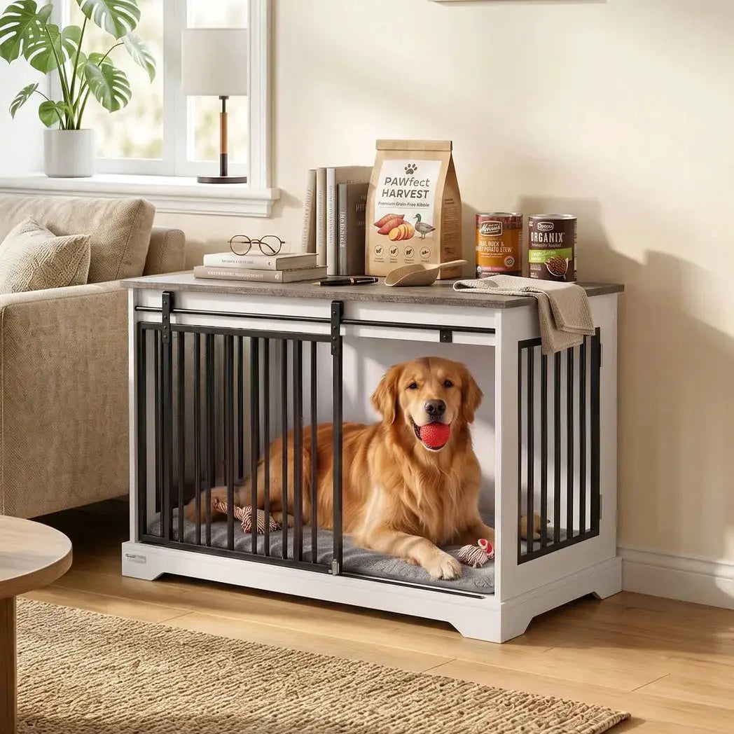 PawHut 100 cm Large Dog Crate Furniture with Sliding Barn Door for Large Dogs, White - from PawHut