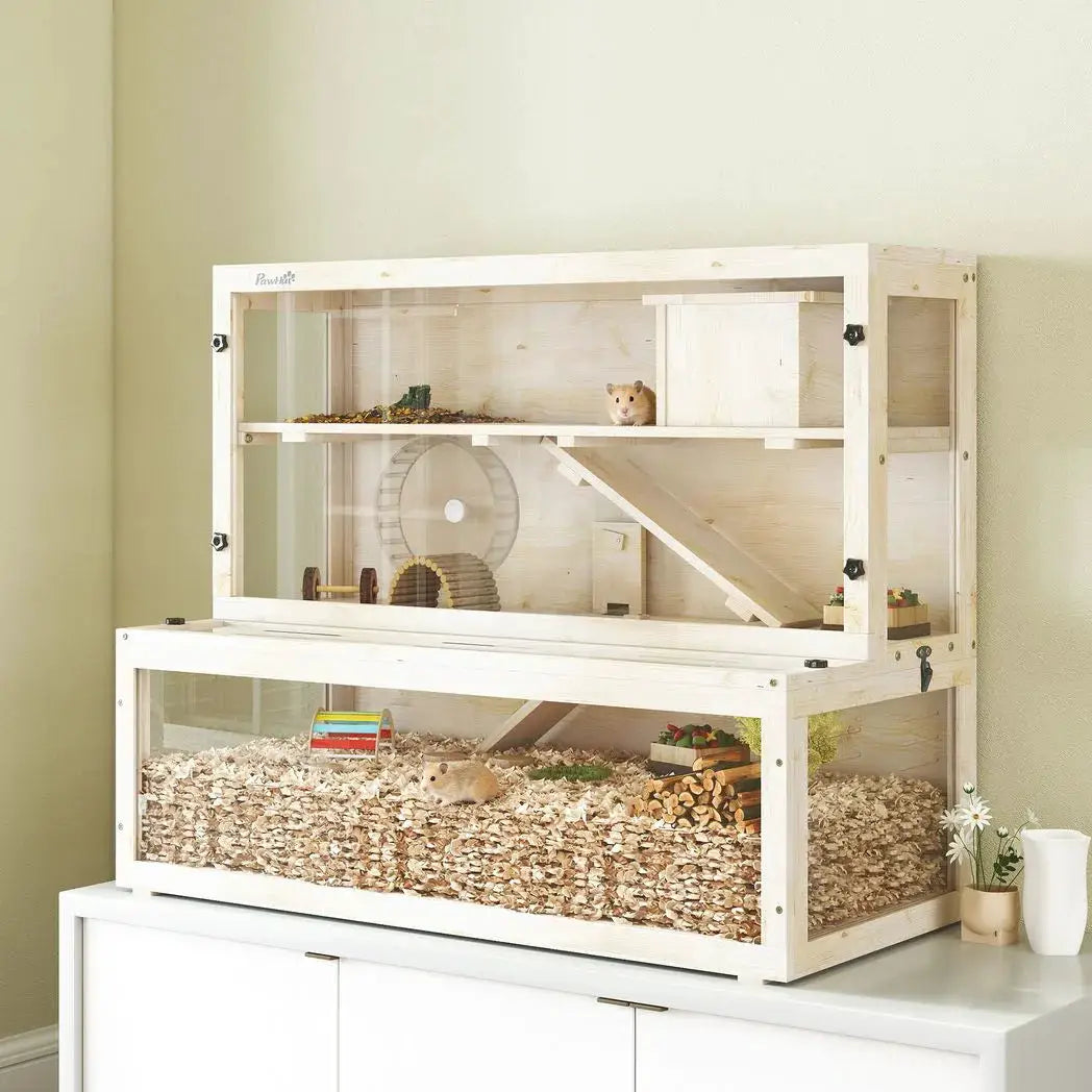 PawHut Wooden Hamster Cage with Hut, Wheel, Ramps, Removable Viewing Panels, 100 x 50 x 84 cm, Natural Wood - from PawHut