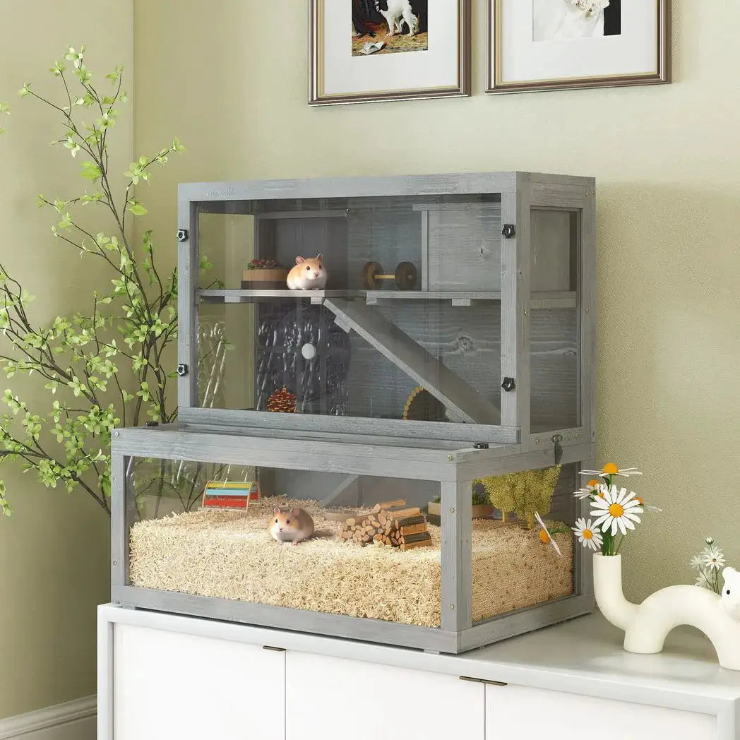 PawHut Wooden Hamster Cage with Hut, Wheel, Ramps, Removable Viewing Panels, 80 x 50 x 84 cm, Grey - from PawHut
