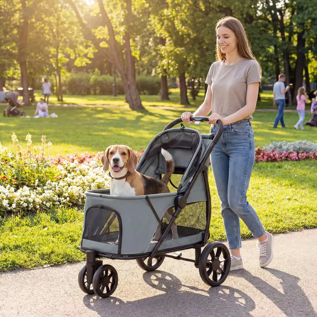 PawHut Dog Stroller, 3 Wheels Pet Stroller with Dual Entry, Easy One-Click Quick Fold, Mesh Windows, Washable Cushion - from PawHut