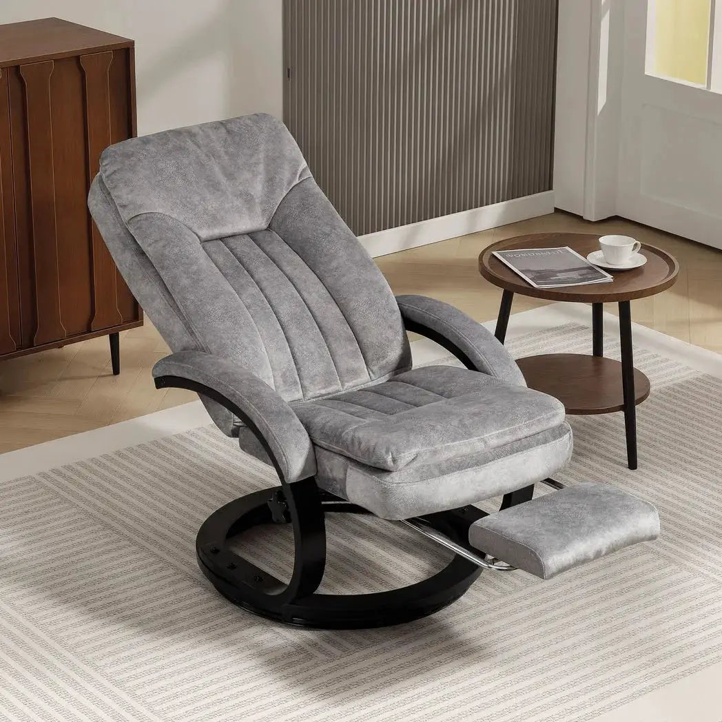 HOMCOM Swivel Recliner Chair with Footrest, Manual Recliner Armchair with Wooden Base, Plush Velvet Upholstered Reclining Chair for Living Room, Bedroom, Office, Grey - from HOMCOM