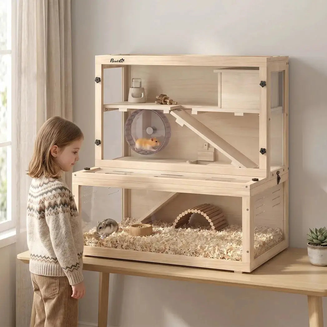 PawHut Wooden Hamster Cage with Hut, Wheel, Ramps, Removable Viewing Panels, 80 x 50 x 84 cm, Natural - from PawHut