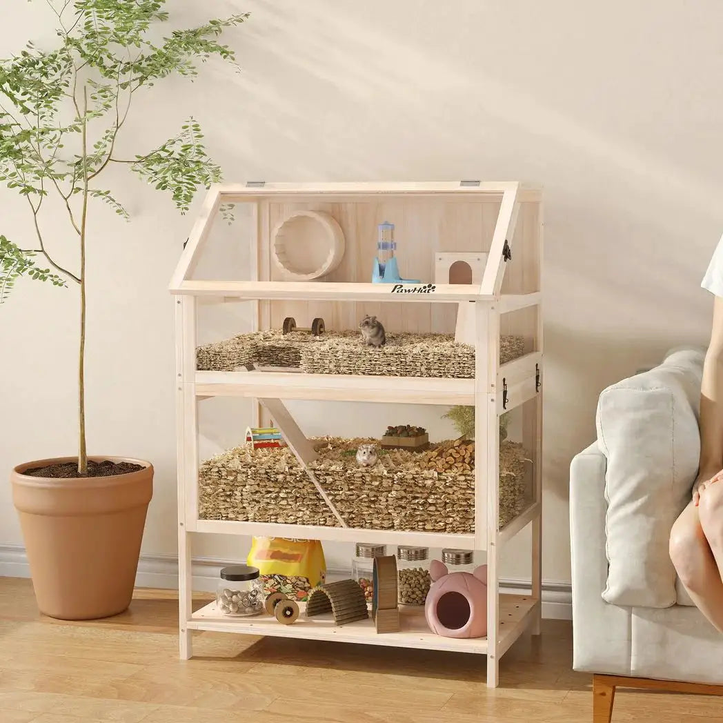 PawHut Wooden Hamster Cage with Detachable Lower Floor, Storage Shelf, Hut, Seesaw, Exercise Wheel, Ramps for Hamster - from PawHut