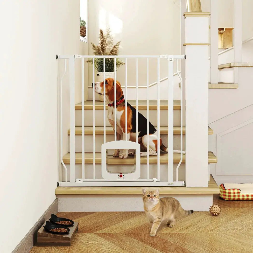 PawHut Adjustable Pet Gate with Cat Door, Pressure Fit Barrier for Doorway and Hallway, 75-85 cm, White - from PawHut