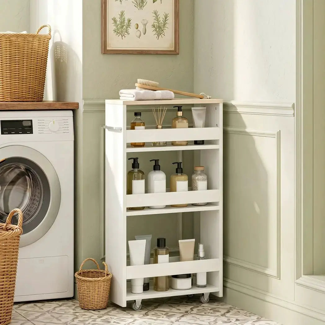 kleankin Storage Cart, 4-Tier Compact Storage Trolley on Wheels and Handle, 48W x 15D x 80H cm, White - from kleankin