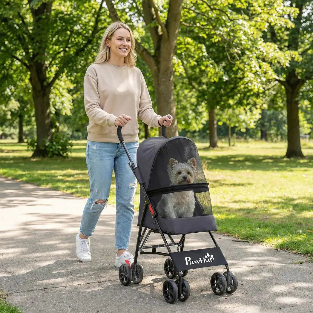 PawHut Dog Stroller, Foldable Cat Dog Pram for Miniature Breeds, Pet Stroller with Brake, Mesh Windows, Dark Grey - from PawHut