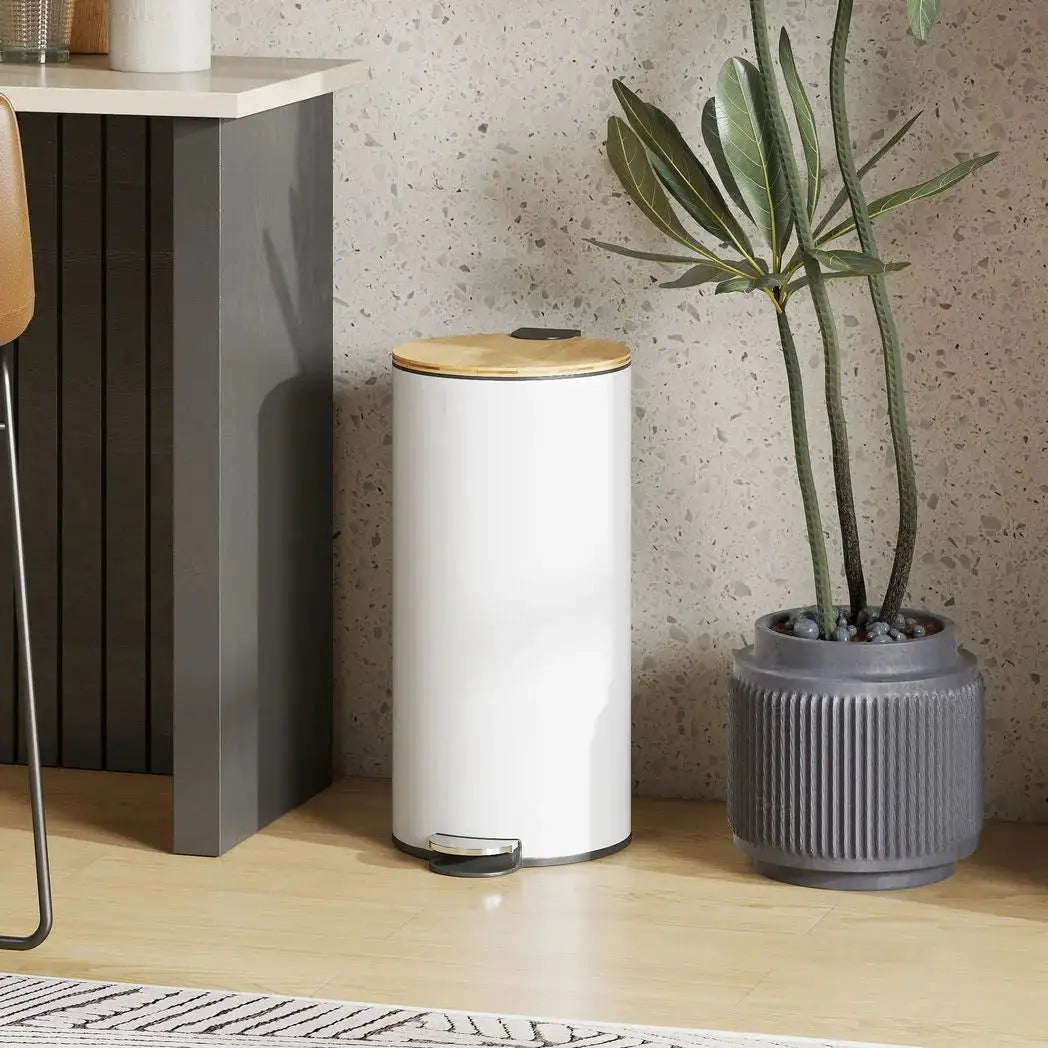 HOMCOM Kitchen Bin, 30 Litre Pedal Rubbish Bin with Removable Bucket, White and Natural - from HOMCOM