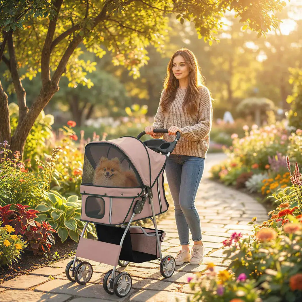 PawHut Dog Pram, Pet Stroller with Reflective Strips, Foldable Cat Stroller with 360° Swivel Wheels, Brown - from PawHut
