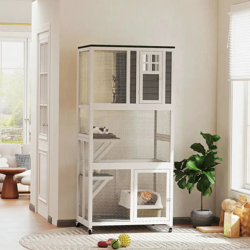 PawHut Wooden Catio Cat Outdoor Enclosure, Cat Cage with Waterproof Roof, Platforms, for Multiple Cats, White - from PawHut