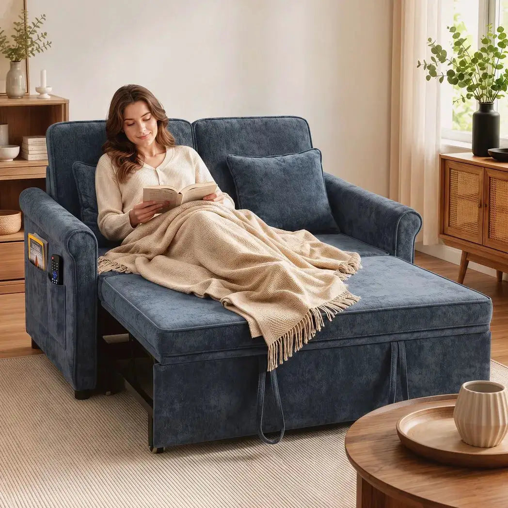 HOMCOM 2 Seater Sofa Bed 3-in-1 Convertible Chenille Pull Out Sleeper Sofa with 5-Position Adjustable Backrest, Dark Blue - from HOMCOM