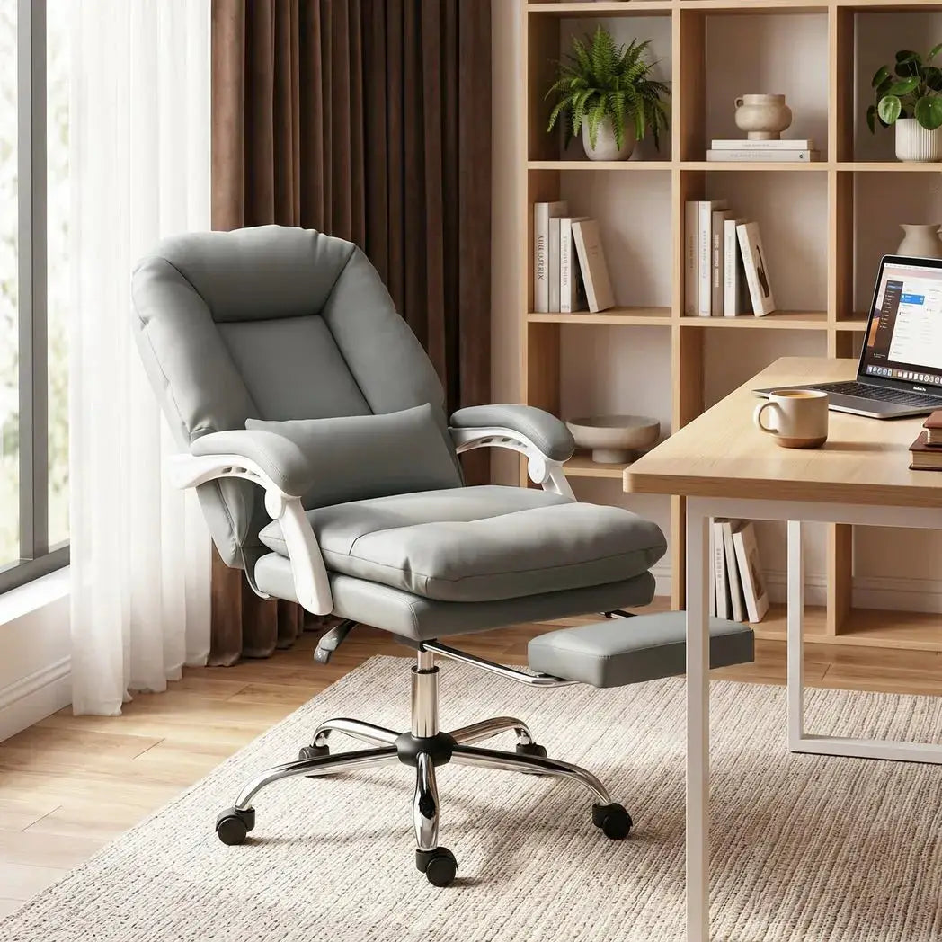 HOMCOM Ergonomic Executive Office Chair, Reclining Desk Chair with Lumbar Support, Footrest, Plush Thick Cushion, Grey - from HOMCOM