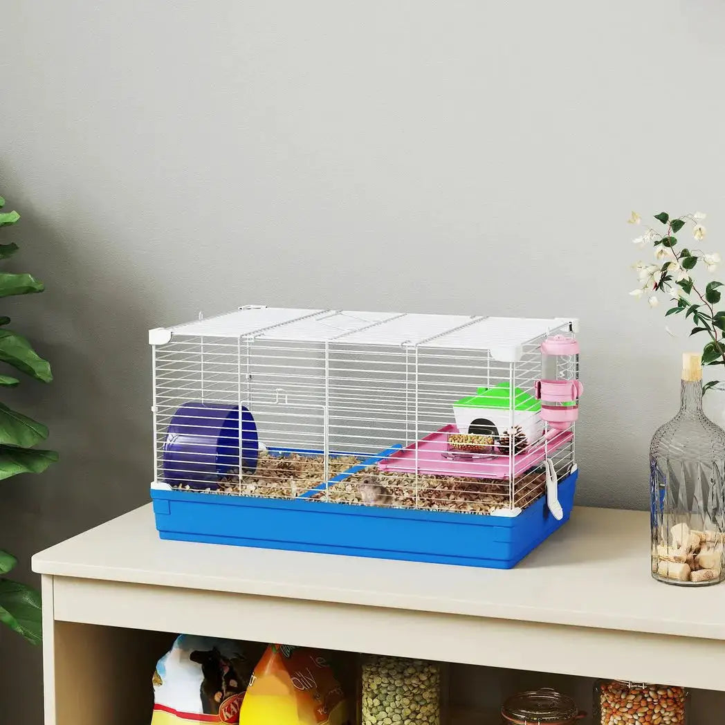 PawHut Hamster Cage, Small Gerbil Cage 2 Tiers Portable w/ Handle, Exercise Wheel, Water Bottle, Dishes, Blue - from PawHut
