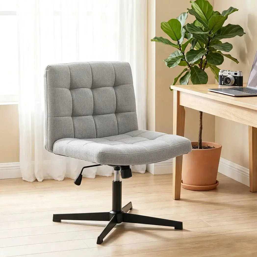 HOMCOM Armless Office Chair, Cross Legged Linen Computer Desk Vanity Chair with Wide Seat, Rocking Function, Grey - from HOMCOM