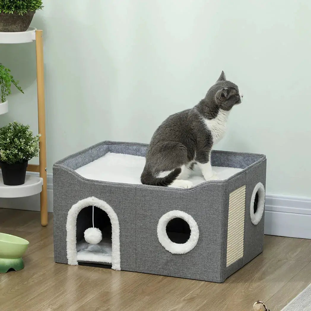 PawHut Cat Bed for Indoor Pets, Foldable Cat House with Fluffy Ball and Scratch Pad for Small and Medium Pets, Grey - from PawHut