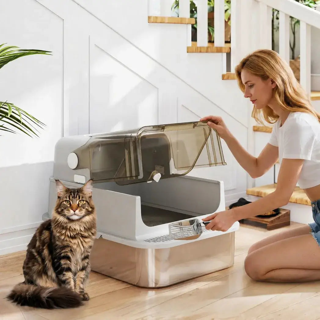 PawHut XXL Stainless Steel Cat Litter Tray, Enclosed Cat Litter Box with 90° Flip Cover, Double Doors, Scoop, Easy Clean, Grey - from PawHut