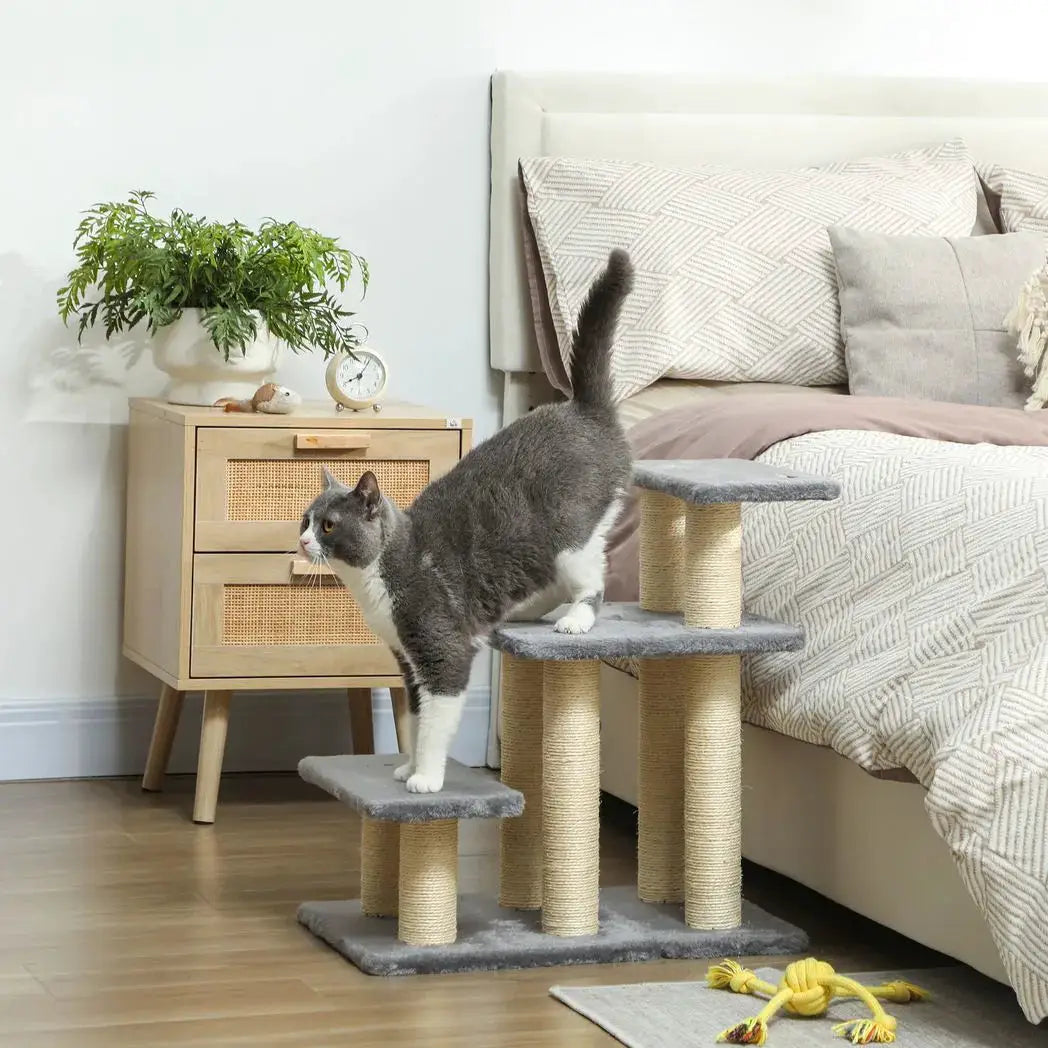 PawHut Pet Steps for Bed, 3 Step Adjustable Pet Stairs for Sofa with 6 Sisal Scratching Posts for Small Dogs & Cats, Grey - from PawHut