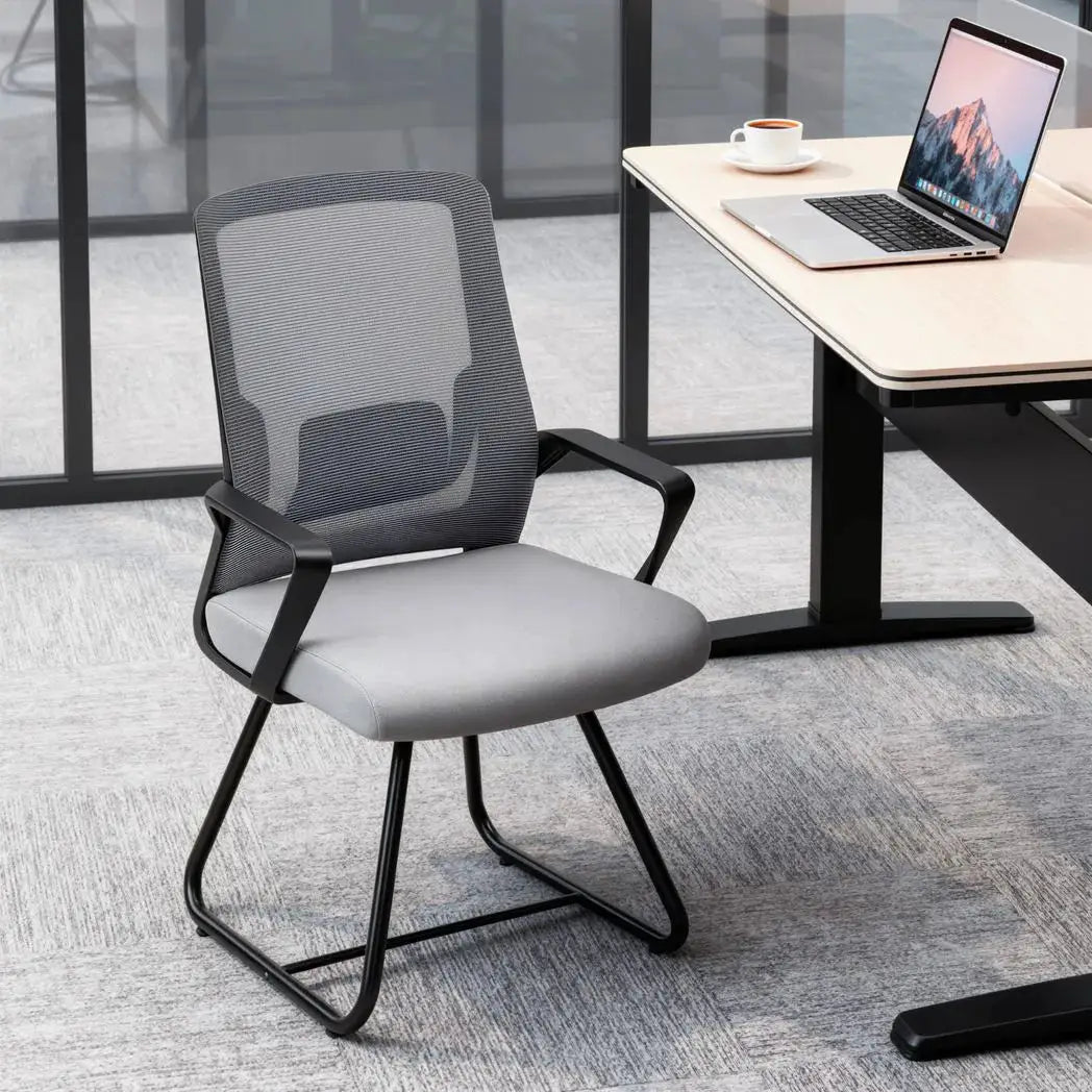 HOMCOM Desk Chair No Wheels, Office Chair with Mesh Back, Lumbar Support, Metal Base for Waiting Room, Conference Room, Dark Grey - from HOMCOM