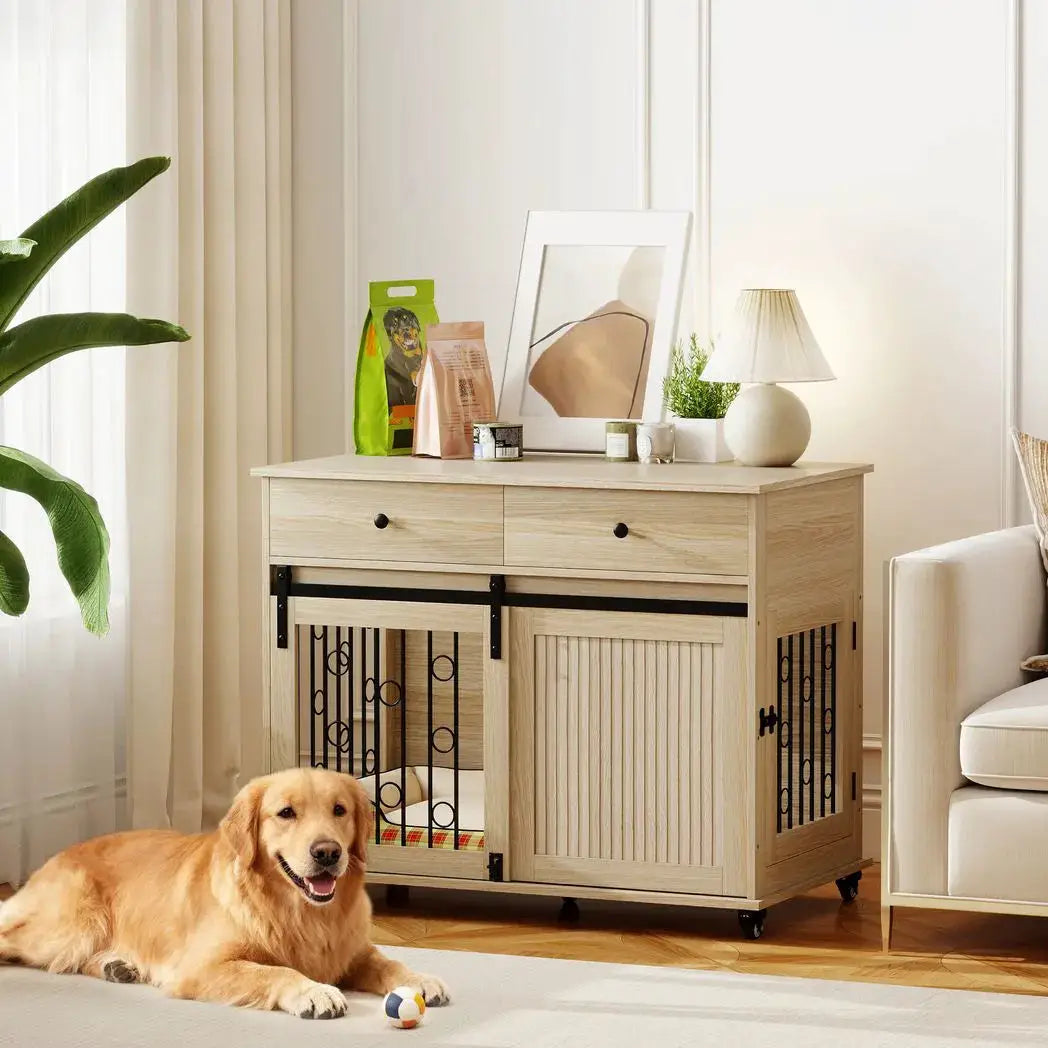 PawHut Dog Crate Furniture on Wheels, Dog Cage with 2 Drawers, Sliding Door, for Medium Large Dogs, Oak Tone - from PawHut