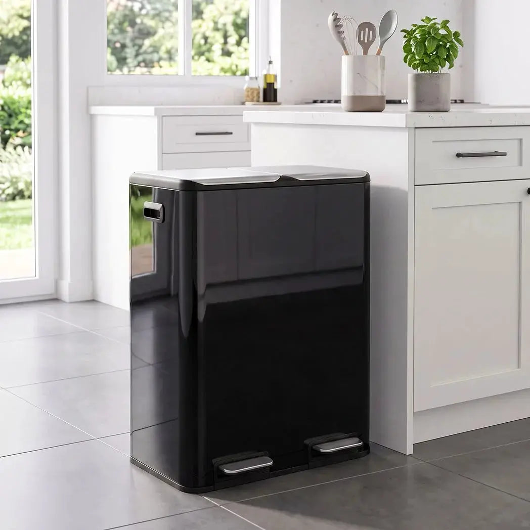 HOMCOM 2 x 30L Double Kitchen Bin, Stainless Steel Pedal Rubbish Bin with Dual Compartments, Soft Close Lids, High Gloss Black - from HOMCOM